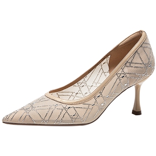 【静音系列】千百度烫钻细高跟鞋女2026春季新款透气网布浅口单鞋