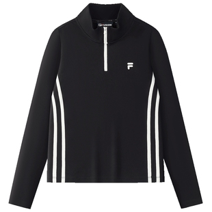 FILA FUSION斐乐潮牌女子针织长袖衫2025秋新款时尚修身半拉链长T