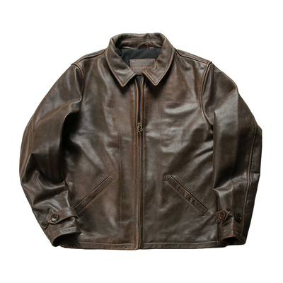简洁机车夹克男复古擦色做旧美式休闲真皮皮衣男翻领磨砂牛皮夹克
