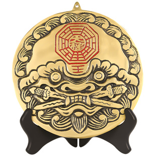 鼎风阁 黄铜虎头八卦镜挂件客厅办公室狮咬剑摆件阳台八卦图挂饰