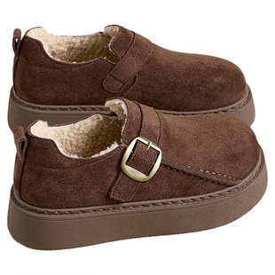 拉夏贝尔厚底勃肯鞋女2026冬季新款加绒保暖棉鞋一脚蹬休闲单鞋女