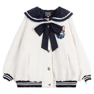 KEIKO 减龄海军领白色羊羔毛绒外套棉服冬季甜系蝴蝶结保暖棉袄