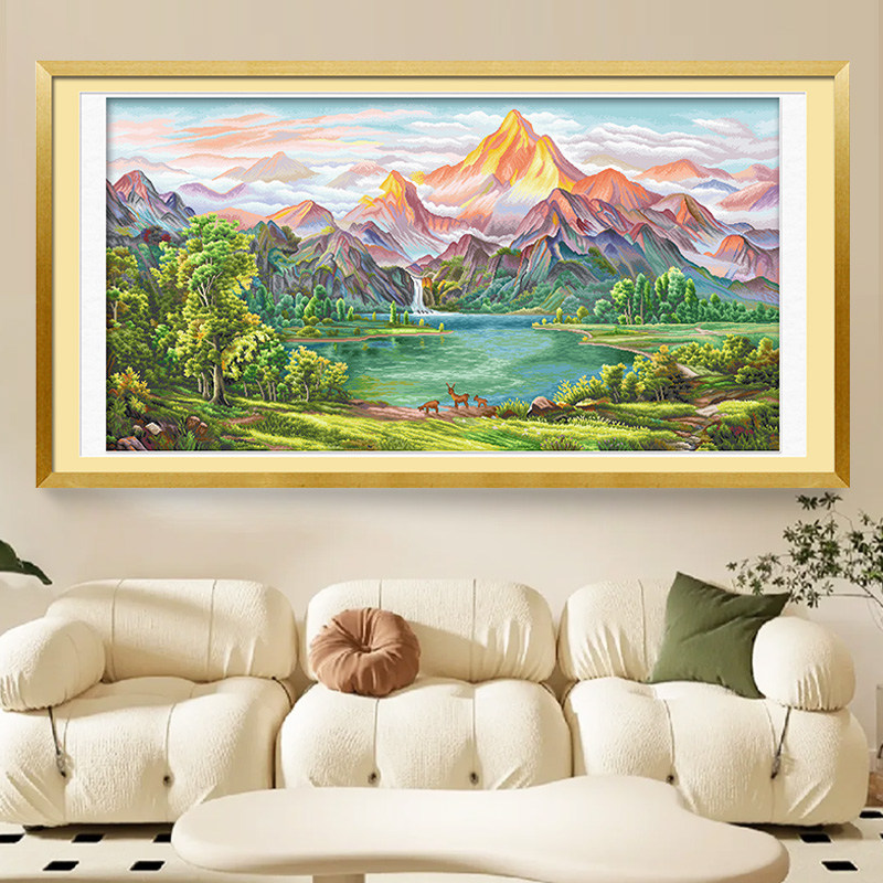 ks十字绣绿水金山2025年现代客厅挂画手工线绣布清新刺绣山水画
