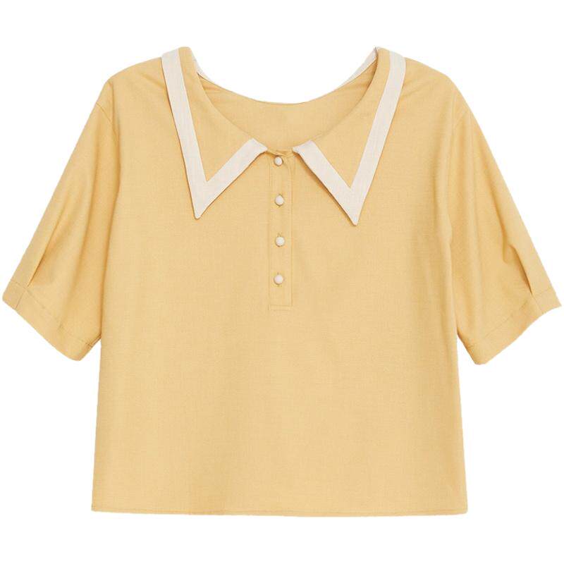 Oece夏装新款女装 显白减龄衬衫学院拼色复古甜美设计感上衣