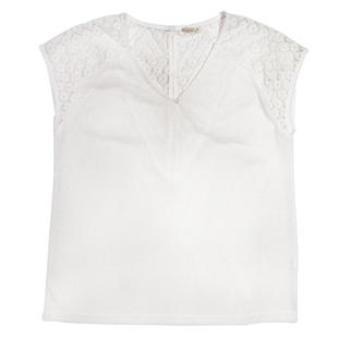 现货夏季法式小众纯棉V领拼接蕾丝性感露背宽松百搭时髦短袖T恤女