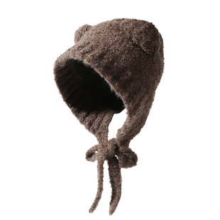 CACUSS亲子毛线帽冬女款帽子可爱小熊针织帽保暖防风护耳帽新年红