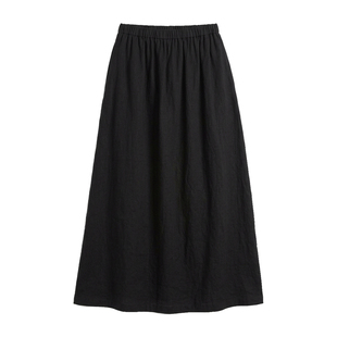 MMCC盛夏不缩水亚麻花苞半裙 开衩松紧腰度假裙显瘦半身裙 黑