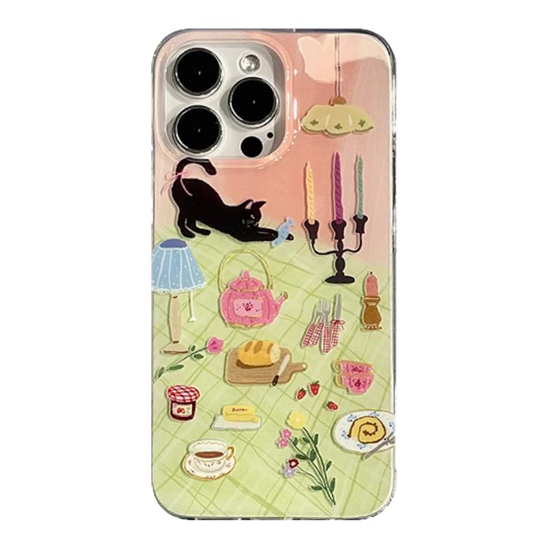 由里公园ins夏日可爱少女野餐猫咪插画15适用16pro苹果16ProMax手机壳iPhone16全包14新款14Promax保护套13韩