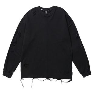 悟空有货欧美高街刀割破洞圆领卫衣男潮牌嘻哈乞丐风休闲打底上衣