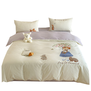 高档设计师款60支长绒棉2米被套床单女孩刺绣水洗纯棉柔软四件套