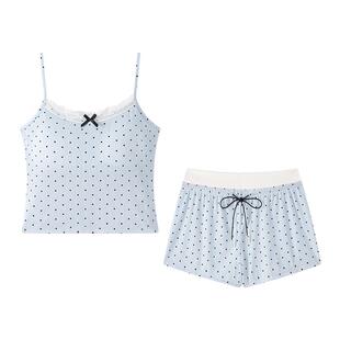 BE莫代尔睡衣女夏季波点吊带短裤带胸垫性感秋春女士家居服纯欲风