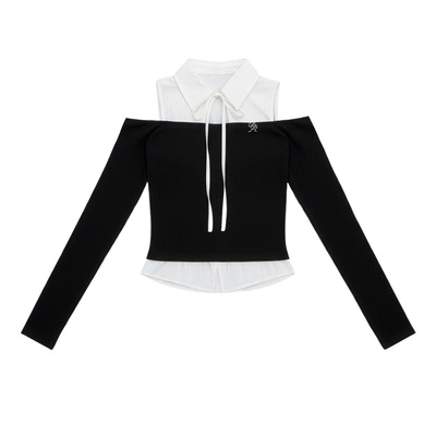 FragileHeart针梭拼一字肩衬衫女