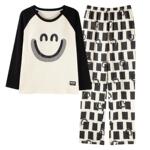 卡之恋睡衣带胸垫一体长袖春秋季纯棉薄款女学生两件套笑脸家居服