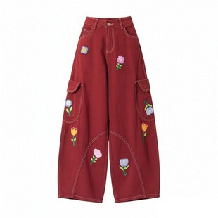 大码胖mm美式复古直筒牛仔裤女梨形报恩裤遮肉显瘦花朵刺绣长裤子