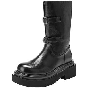 热风厚底时装靴女2025年冬季新款增高中筒骑士靴黑色马丁靴子女鞋