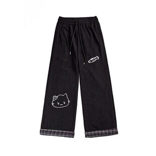 自然涩猫咪鱼骨刺绣灯芯绒裤子休闲裤2026早春宽松显瘦直筒阔腿裤