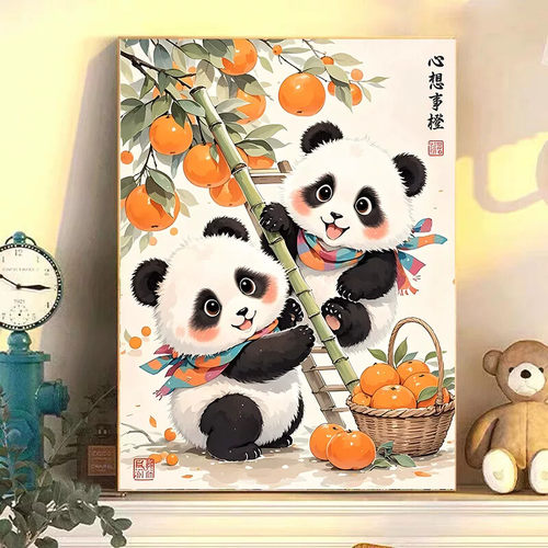 熊猫动物柿柿如意装饰画创意趣味国风挂画客厅背景墙壁画送朋友礼