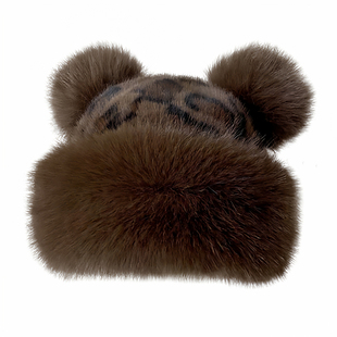 时尚洋气豹纹毛绒小熊耳朵帽子女冬季保暖护耳毛茸茸仿皮草蒙古帽