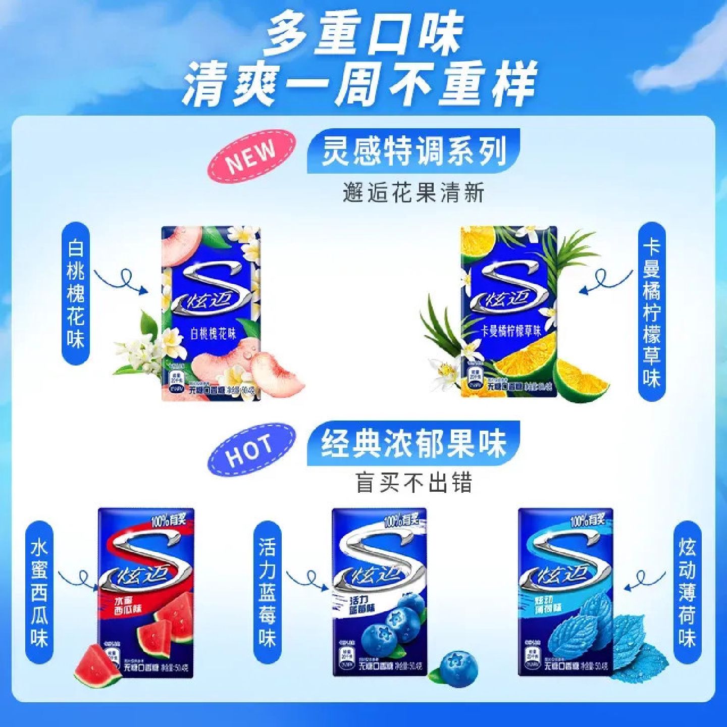 3盒装炫迈无糖口香糖528片盒装混合草莓荔枝白桃清新口气