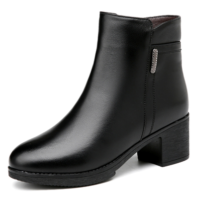 全牛皮短靴粗跟软底中年女靴子