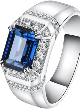 蓝宝石戒指男纯银镀金镶嵌