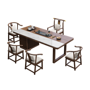 新中式乌金木岩板茶桌椅罗汉床组合家用办公室茶几高端实木泡茶台