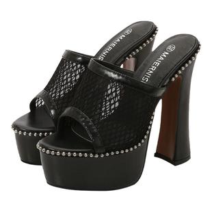 14cm大码拖鞋防水台粗跟模特恨天高防滑厚底凉拖女性感模特超高跟