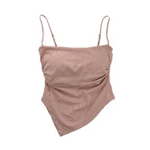 chic夏日设计感小众一字肩不规则褶皱斜边带胸垫吊带背心少女外穿