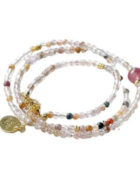 天然彩发晶三圈手链草莓晶女款手串diy鸽血红白水体水晶桃花SJ014