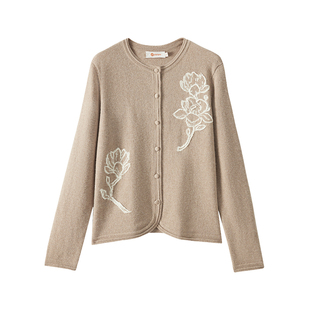 皮皮狗【无染色羊绒】25秋冬新款圆领绣花开衫手绣莲花老钱风女