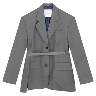 pushBUTTON羊毛腰带收腰两粒扣女士气质西装外套银泰百货 301604