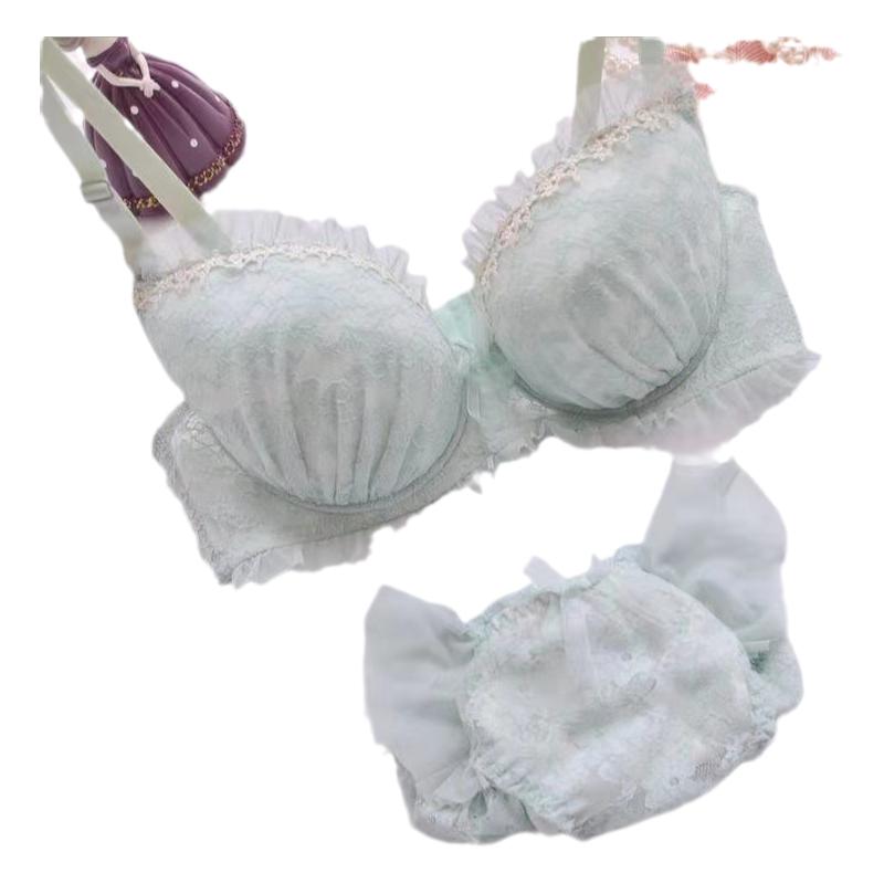 夏日薄款蕾丝肤大码胖MM茉莉绿抹茶绿大罩杯D罩杯加肥文胸套装
