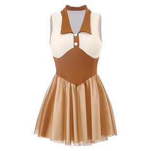 亦美珊泳衣女法式复古翻领裙式连体气质遮肉显瘦温泉海边度假泳装