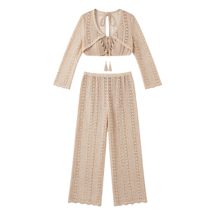 欧美泳装辣妹长裤长袖罩衫分体比基尼海边度假风泡温泉性感泳衣女