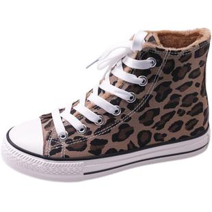 环球秋冬加绒高帮帆布鞋女2025冬季新款学生棉鞋豹纹保暖二棉鞋