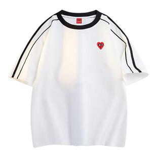 查尔斯桃心 美式校园撞色条纹圆领插肩短袖T恤男夏季宽松透气运动