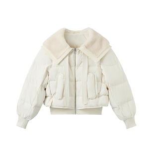 快鱼2025年冬季新款女士翻领拼接羊羔毛领保暖羽绒服时尚百搭