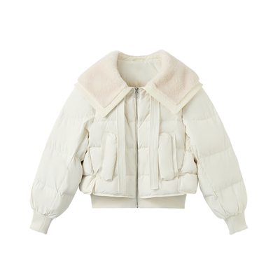 快鱼2025年冬季新款女士翻领拼接羊羔毛领保暖羽绒服时尚百搭