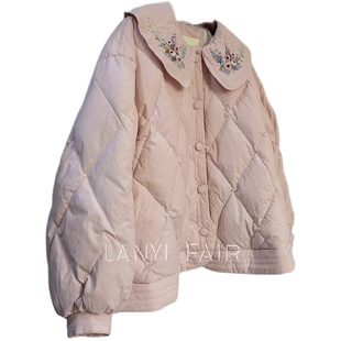 兰奕屋语原创设计粉色手工绣花伞形羽绒服外套95白鹅绒娃娃领文艺