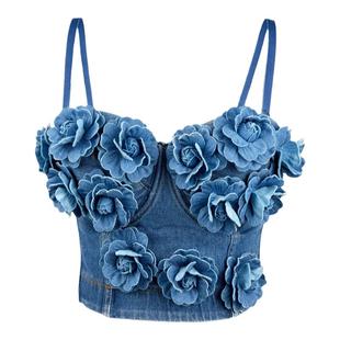 牛仔手工立体花朵鱼骨钢圈外穿胸衣短款背心吊带欧美风高级设计感