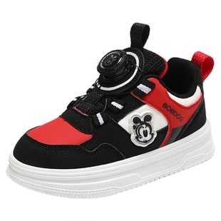 巴布豆男童板鞋2025新款春秋季低帮皮面防水旋转纽扣儿童运动鞋