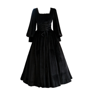 弥爱原创《奥黛丽》法式复古赫本丝绒束腰绑带灯笼袖大摆连衣裙秋