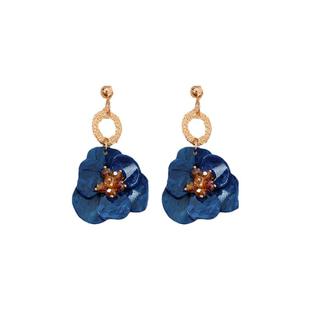 复古港风宝蓝色花朵耳环2025新款爆款高级感耳钉夸张气质耳饰女