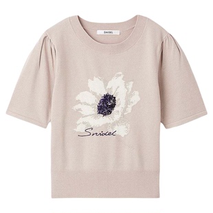 SNIDEL2025秋冬新品简约百搭圆领短袖印花针织衫上衣SWNT254332