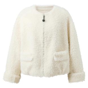 三彩2025冬季新款宽松短款环保皮草圆领毛毛外套仿皮草简约M