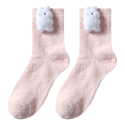 tutuanna秋冬女士中筒袜子 纯色立体玩偶毛绒加厚保暖短袜女