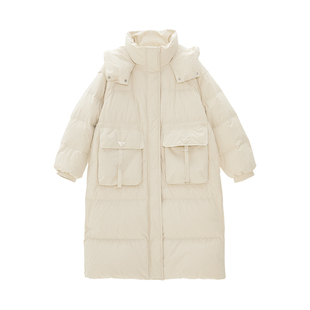 IAmMIX27冬季连帽羽绒服女宽松中长款简约休闲蓬松保暖白鸭绒外套