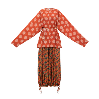 【观止织造｜绛草】唐制汉服圆领衫灯笼裤印花红色宽松民族风日常