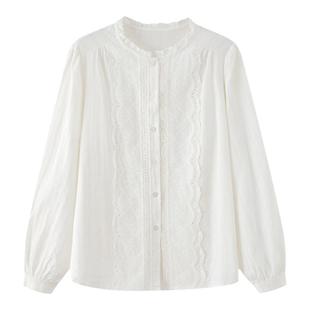 画风drawwind2026春秋新款长袖衬衫女宽松提花面料贴花边圆领上衣