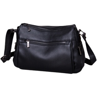 真皮女式斜挎包2026新款休闲百搭大容量单肩包宽肩带多层妈妈包女